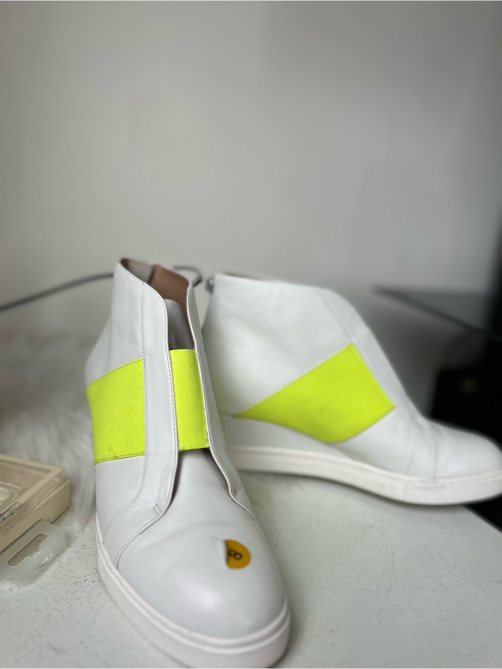 Linea Paulo White Leather Wedge Sneaker with Neon Yellow Elastic Panel 8M